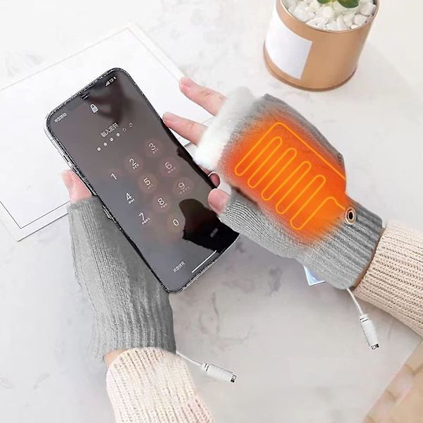 Varmhållande USB-handskar för kvinnor & män - Stickade, hela & halva fingrar, värmande utan fingrar med knapp, tvättbar design_as grey