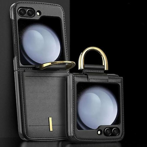 Læder Shockproof Mobiltelefon Cover til Samsung Galaxy Z Flip5 med Ringholder Black