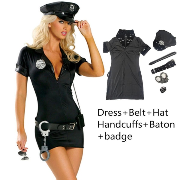Sexy Policewomen Costume Party Carnival Cop Police Officer Uniform Halloween Adult Woman Police Cosplay Dress Up Black  B XL