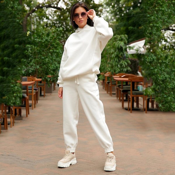Ensfarvet træningsdragt sæt til kvinder Løse hættetrøjer Sweatshirt med hætte + snøre joggingbukser Casual outfits Loungewear White 2XL