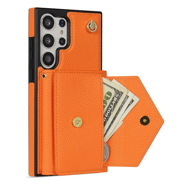 Fodral för Samsung Galaxy S24 Ultra med kortfack i läder + TPU-skydd med axelrem Orange