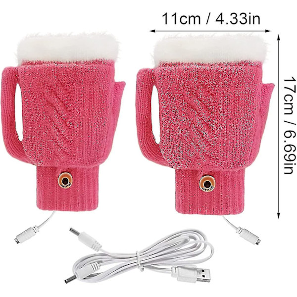 Varmhållande USB-handskar för kvinnor & män - Stickade, hela & halva fingrar, värmande utan fingrar med knapp, tvättbar design_as pink