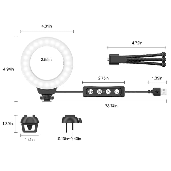 Videokonference Belysningssæt, Ring Light til Laptop Telefon med Klips og Tripod, PC 4\" Selfie Dæmpbar Lys med Stativ Ring Light til Livestreaming