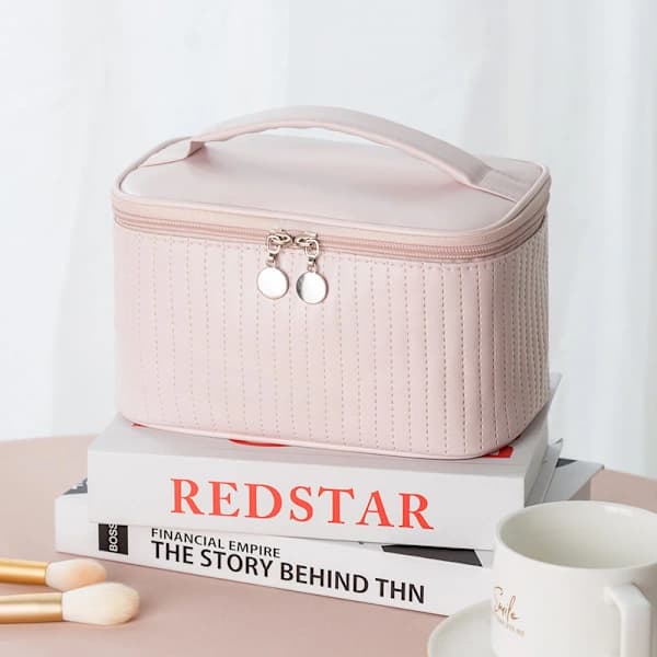 Bærbar vanntett sminkeveske, stor kapasitet, rosa.