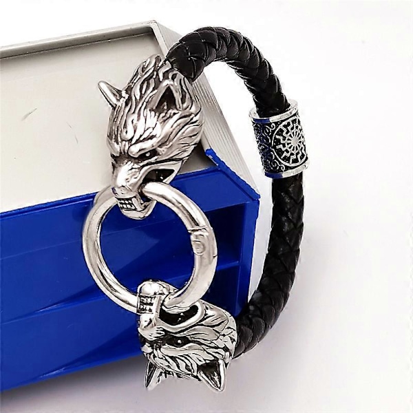 Viking Rune Perle Ulvehoved Armbånd Rustfrit Stål Læderarmbånd black style 7