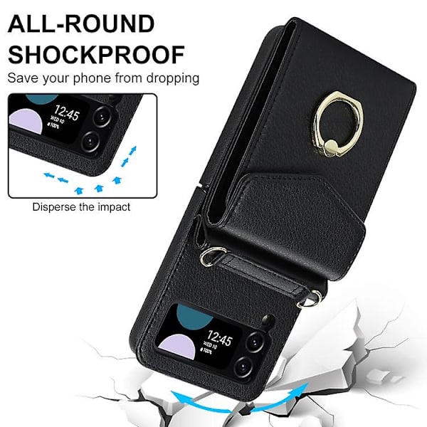 Samsung Galaxy Z Flip4 -puhelinkotelo, jossa litchi-kuviointi, RFID-korttipaikka ja rengaskiinnike Black