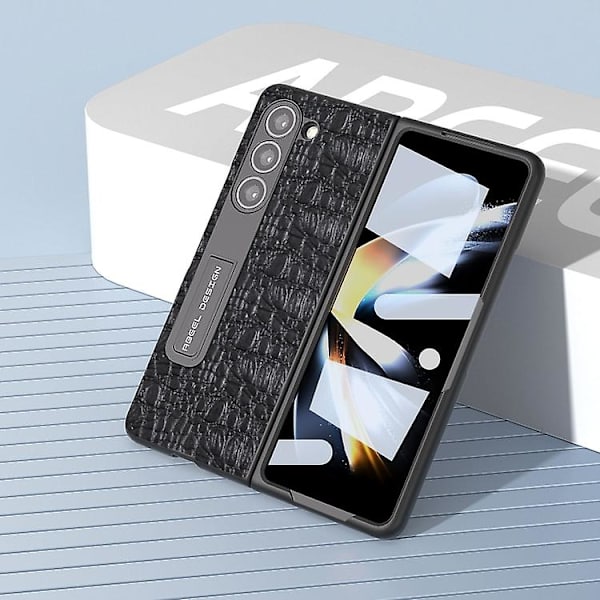 Til Samsung Galaxy Z Fold5 Abeel Integreret Ægte Læder Sky Series Mobiltelefon Etui Med Holder Black