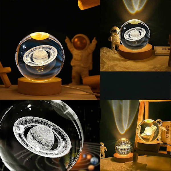 3D Saturn Planet Krystalbold Natlampe, Rumkugel Galaxy Krystalbold Med Træbase, System Krystalbold Med LED-lysbun