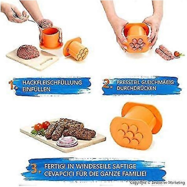 En-trycks Cevapcici Korvfyllningsmaskin, 7 Hål Snabbpress Manuell Korvfyllningsmaskin Hotdogmaskin Köttremsa Press Orange