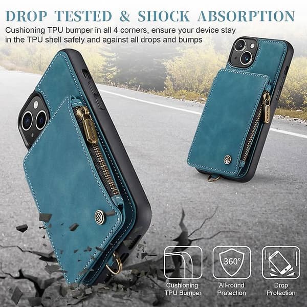Caseme C20 Multifunktionellt RFID Läder Mobilskal för Iphone 15 Blue 15 Pro Max