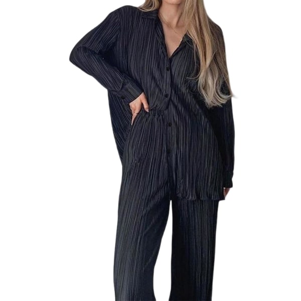 Kvinders Casual Outfits Sæt Højtaljede plisserede bukser Sæt til Go Shopping Wear Black L