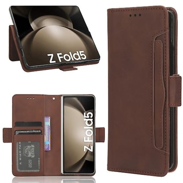 Samsung Galaxy Z Fold5 Skindfølsom Kalveskindstekstur Kortlommer Læder Mobiltelefonetui Med Penholder Brown