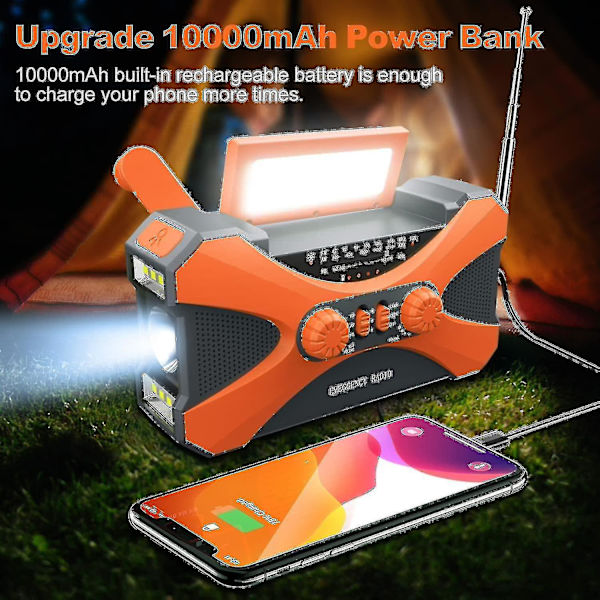10000mAh nödradio, solcellsdriven vevradio, bärbar AM/FM/NOAA väderradio med mobiltelefonladdare ficklampa-C6 Orange
