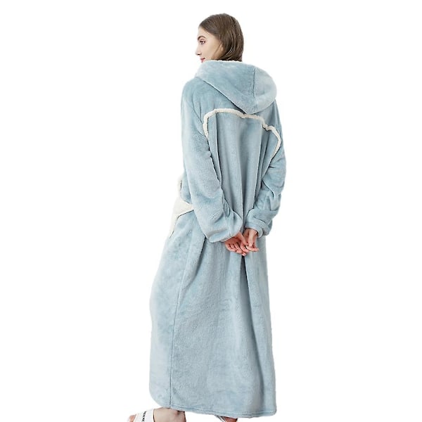 Dam Hooded Badrocka Morgonrock Varm Tjock Korall Fleece Stjärna Zip Robes Blue M
