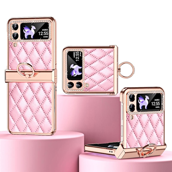 Plating Rhinestone Case Compatible With Samsung Galaxy Z Flip 4, Pu Leather Cover With Hinge Protection & Ring Holder