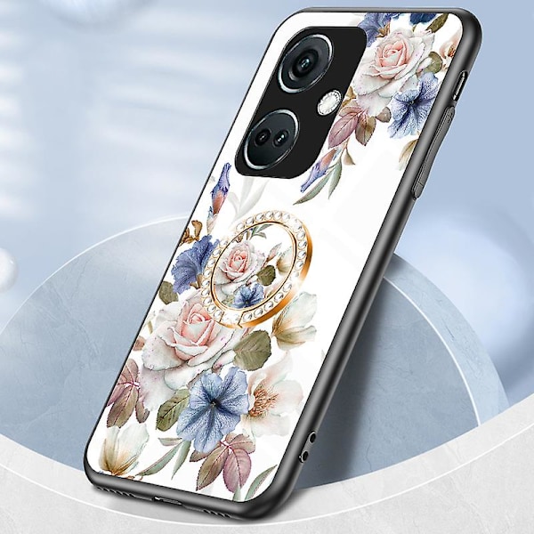 For OnePlus Nord CE3 5G Deksel Blomstermønster Herdet Glass Kickstand Telefondeksel Chinese Rose