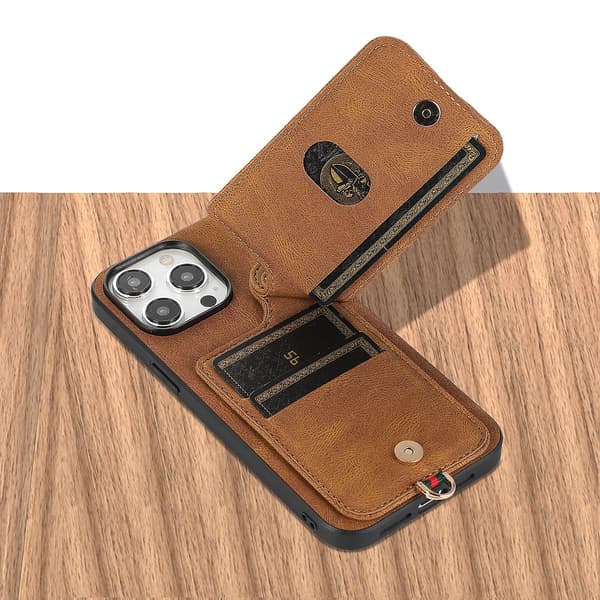 Fodral för Iphone 14 Pro Max med stativ och kortfack i TPU+läder Brown
