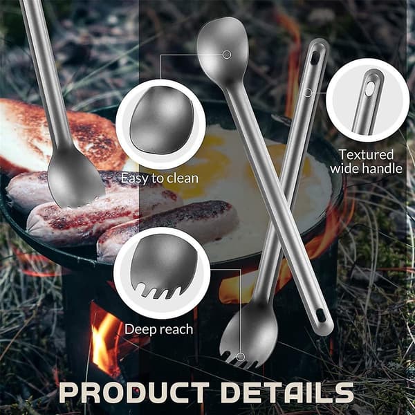 4 stk. Titanium Langskaftet Spork Og Ske Til Udendørs Camping