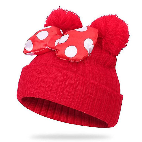 Vintermössa för småbarn med dubbla pompom i stickad ull red