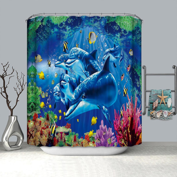 Ocean Shower Curtain Blue Dolphin Polyester Thick Printed Shower Curtain With Hooks For Bathroom