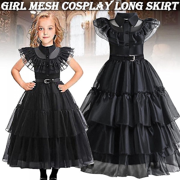 Barn Flickor Onsdag Addams Familjen Kostym Halloween Klänning Födelsedagsfest Klänning Bälte Väska Handskar Dress Belt Bag Gloves 140cm