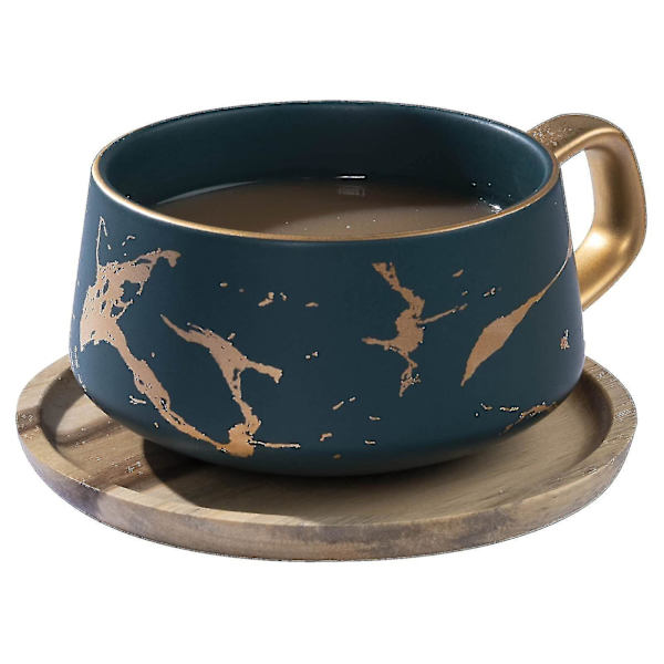 Cappuccino Kopper Med Underkopper, Porcelæn Espresso Kopper Til Te Kaffe Cappuccino, Kaffe Kopper Med Træskive - Grøn, 300 Ml