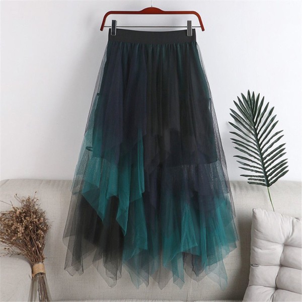 Irregular mesh splicing mid-length solid color skirt Navy blue
