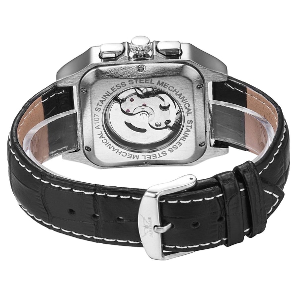 Men's Mechanical Watch, Automatic Silver Black Alloy Dial Leather Strap