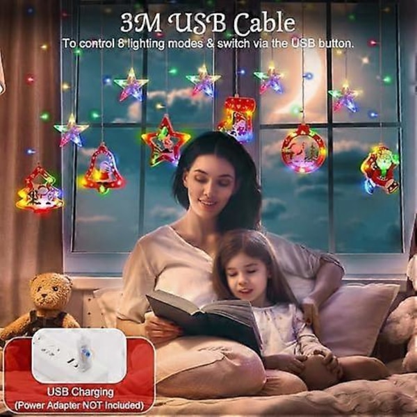 138 LED Julgardiner, Jultomte Snögubbe Hängande Strängljus med 6H Timer & 8 Ljuslägen, USB-driven Julbelysning, Juldekoration
