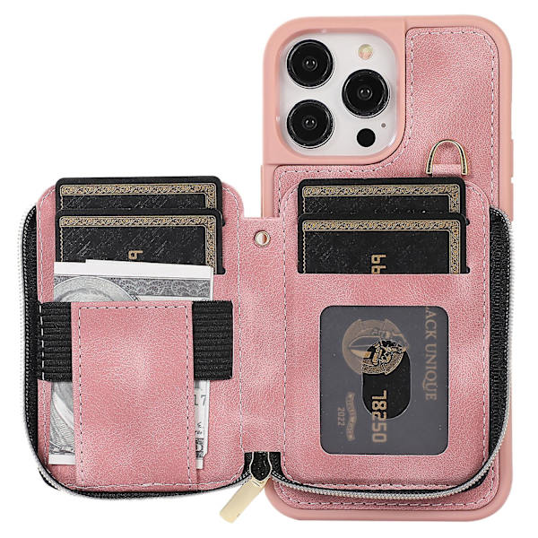 För Iphone 15 Pro Max Dragkedja Plånbok Telefonfodral Stativ Pu Läderbelagd Tpu-fodral Pink