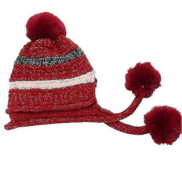 Naisten perulainen korvaläpällinen pipohattu neulottu pom pom talvi lumisade hiihtohattu dark red