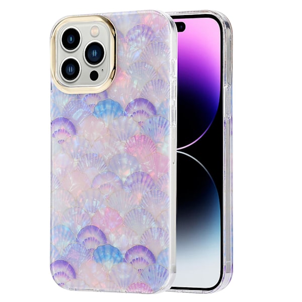 IMD-mönstrad PC+TPU-telefonfodral med elektropläterad linsram till iPhone 14 Pro Y8 Purple Shell