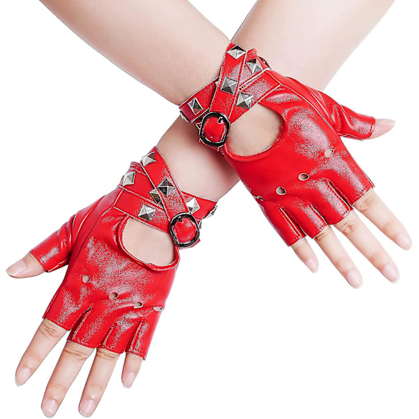 Women Punk Rivets Half Finger Pu Leather Performance Costume Fingerless Gloves