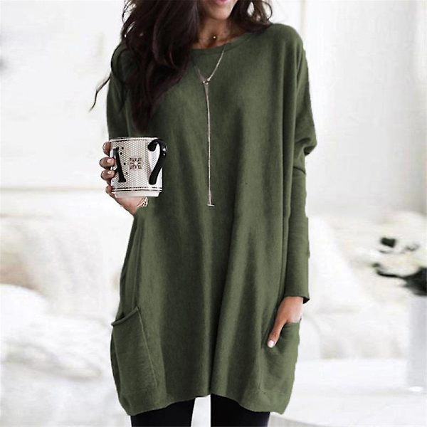 Dam Tunika Toppar i Stor Storlek, Långärmad, Rundhalsad, Lättvikts Sweatshirt, Casual Oversized T-shirt med Fickor (S-5X) green L