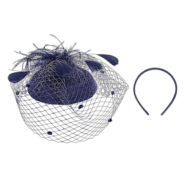 Fjäder Mesh Hatt Dam Mesh Slöja Hårnål Hatt Party Huvudbonad Navy blue