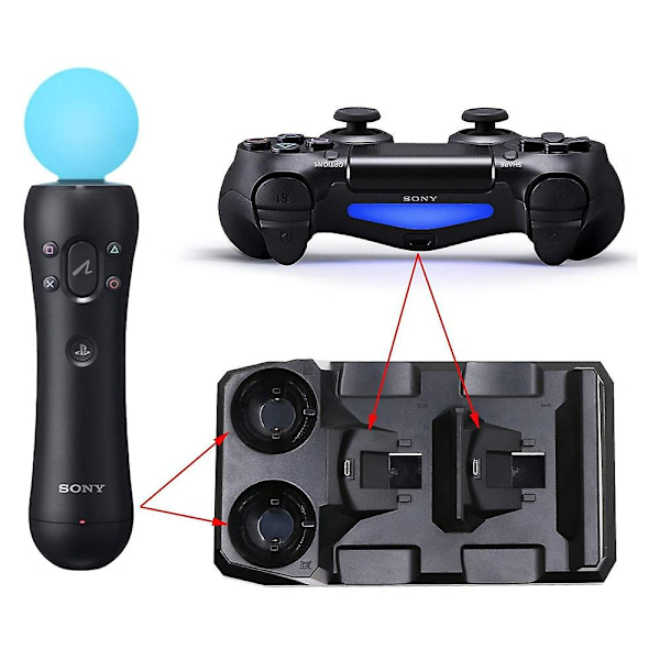 4-i-1 USB-opladningsdock med LED-lys Dobbelt oplader Dockstation til Playstation til PS4 Move til PS4 VR-controllere Holder A