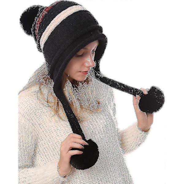 Dames Peruviansk Ørevarmer Hue Hat Strikket Pom Vinter Sne Ski Hat black