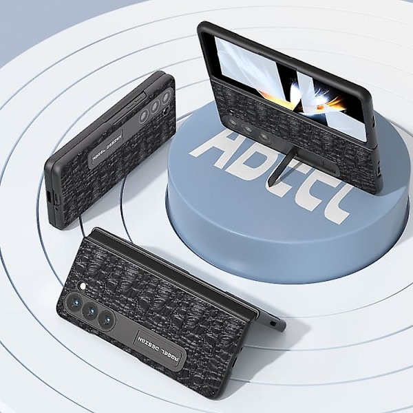 Til Samsung Galaxy Z Fold5 Abeel Integreret Ægte Læder Sky Series Mobiltelefon Etui Med Holder Black