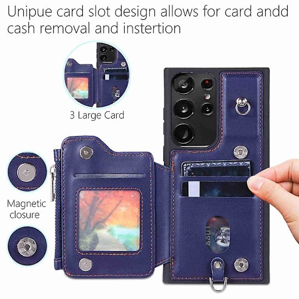 Mobiltelefonveske med glidelås, kortlommer og RFID-beskyttelse for Samsung Galaxy S23 Ultra 5G Blue