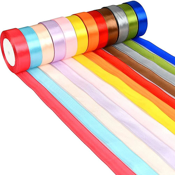 12 Färgade Satinband Rullar - 25mm X 23 Meter Dubbelsidigt Silkeband För Sömnad Bågar Hår