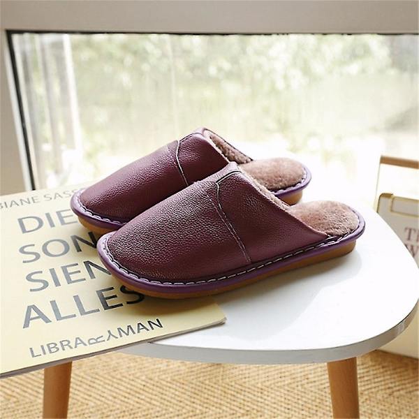 Mäns Mysiga Äkta Ko-Läder Hög Densitet Skum Anti-Halk Sula Tofflor Med Super Mjuk Foder Inomhus/Utomhus PURPLE SIZE 27 WOMEN