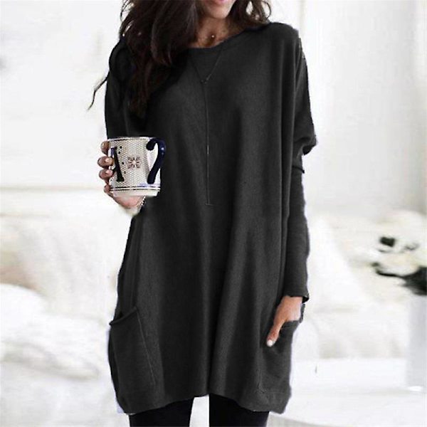 Dam Tunika Toppar i Stor Storlek, Långärmad, Rundhalsad, Lättvikts Sweatshirt, Casual Oversized T-shirt med Fickor (S-5X) black M
