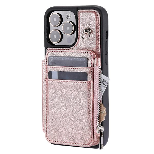iPhone 15 RFID-estoa PU-nahkaa + TPU-puhelinkotelokotelo Korttikotelo Rannekkeella Rose Gold