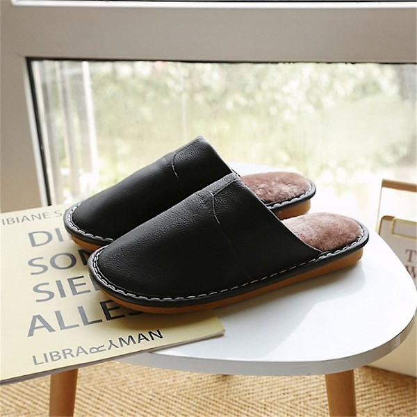 Mäns Mysiga Äkta Ko-Läder Hög Densitet Skum Anti-Halk Sula Tofflor Med Super Mjuk Foder Inomhus/Utomhus BLACK SIZE 30 MEN
