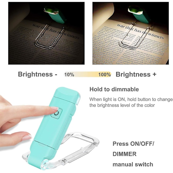 USB-oppladbar boklampe for lesing i sengen, bærbar klipsbar LED-leselampe, bærbar leselampe for bokelskere, reise Light green