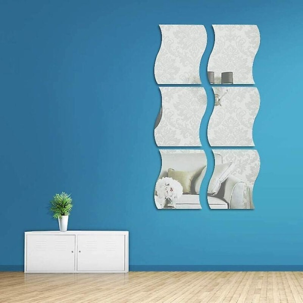 Itseliimautuva seinäpeili, 6 kpl hopeapeiliseinätarroja, aallotettu muotoinen muovinen teeseinätarrapeili kotitoimiston pintakoristeluun (hopea