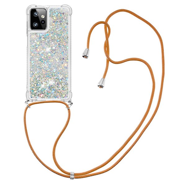 För Motorola Moto G Power 5g Fodral Tpu Glitter Flytande Telefonfodral Med Snöre Silver Hearts