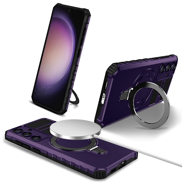 Stødsikkert PC+TPU-cover med kickstand til Samsung Galaxy S24, kompatibel med MagSafe Purple