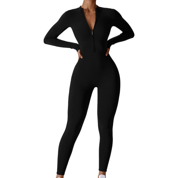 Langærmet yoga-bodysuit med lynlås til kvinder, fitness-bodysuit med høj intensitet XL black