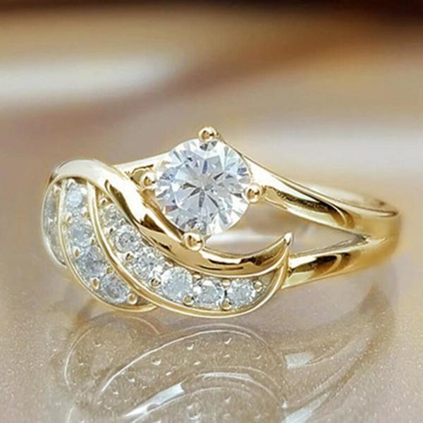 Kvinnlig ring kubisk zirkonisk inlagd rund legering ängelvingform vigselring förslag ring Golden US 10